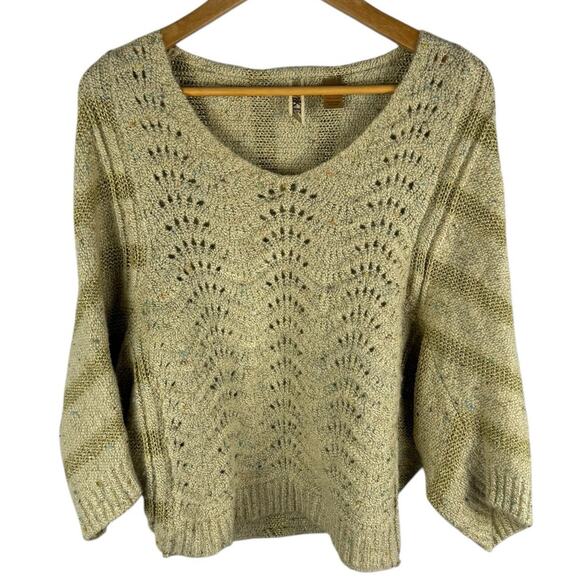 BKE Wool Blend V-Neck‎ Gold Fleck Open Knit Sweater Size Small - Picture 1 of 7